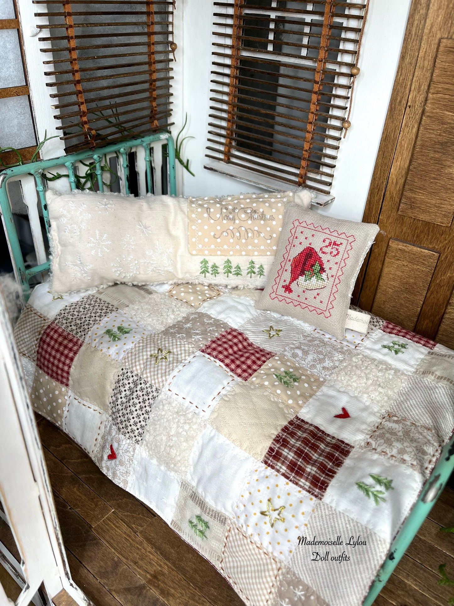 Juego de cama de patchwork para muñecas coleccionables - Hecho a mano