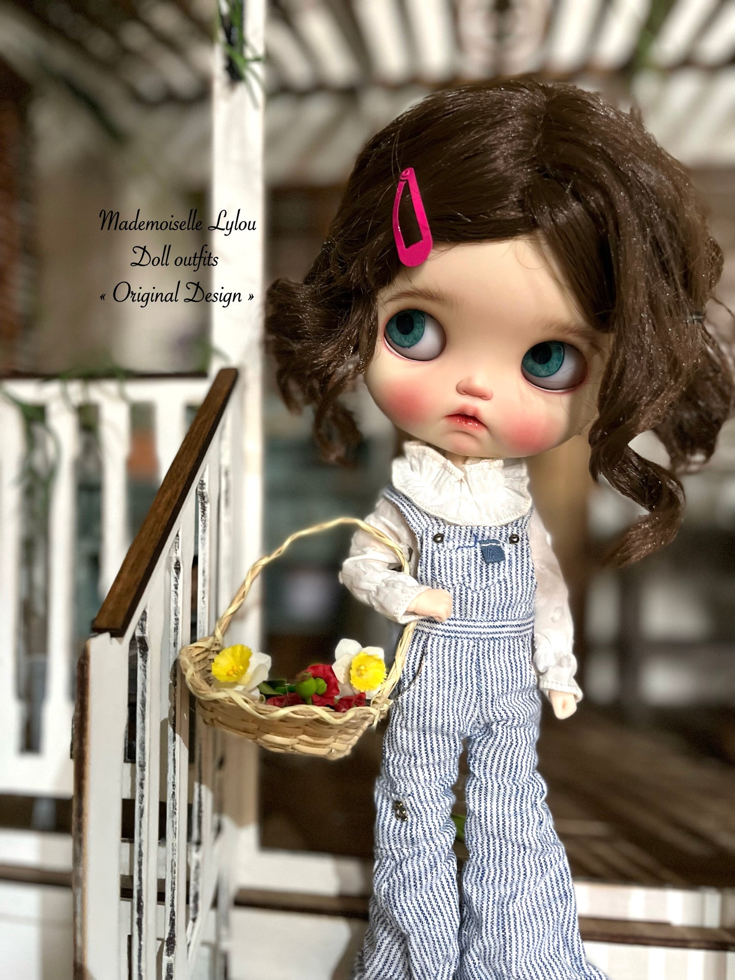 Blythe Doll Clothes - Striped Linen Overalls and Blouse of Your Choice