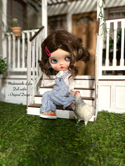 Blythe Doll Clothes - Striped Linen Overalls and Blouse of Your Choice