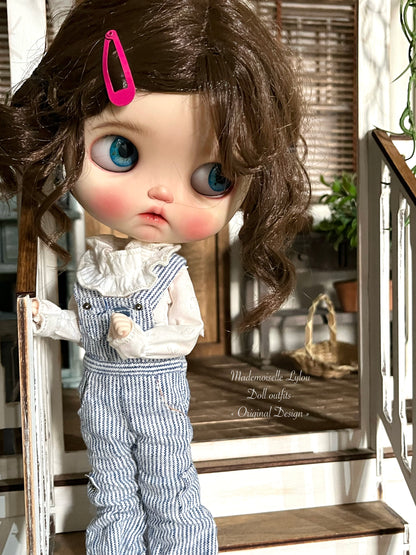 Blythe Doll Clothes - Striped Linen Overalls and Blouse of Your Choice