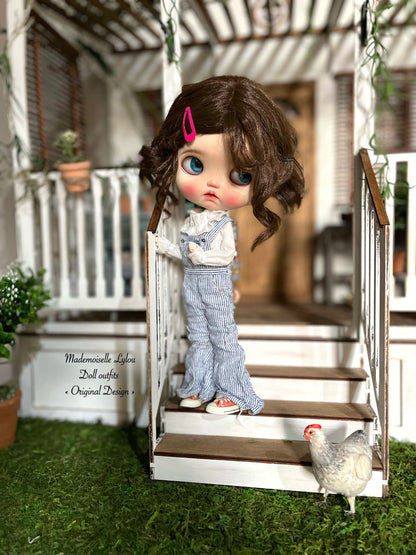 Blythe Doll Clothes - Striped Linen Overalls and Blouse of Your Choice