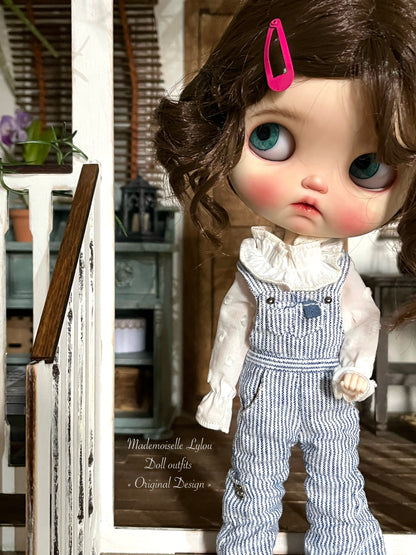 Blythe Doll Clothes - Striped Linen Overalls and Blouse of Your Choice