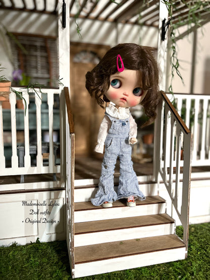 Blythe Doll Clothes - Striped Linen Overalls and Blouse of Your Choice