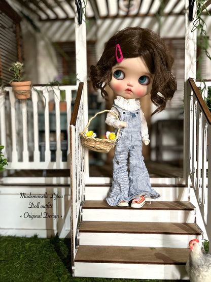 Blythe Doll Clothes - Striped Linen Overalls and Blouse of Your Choice