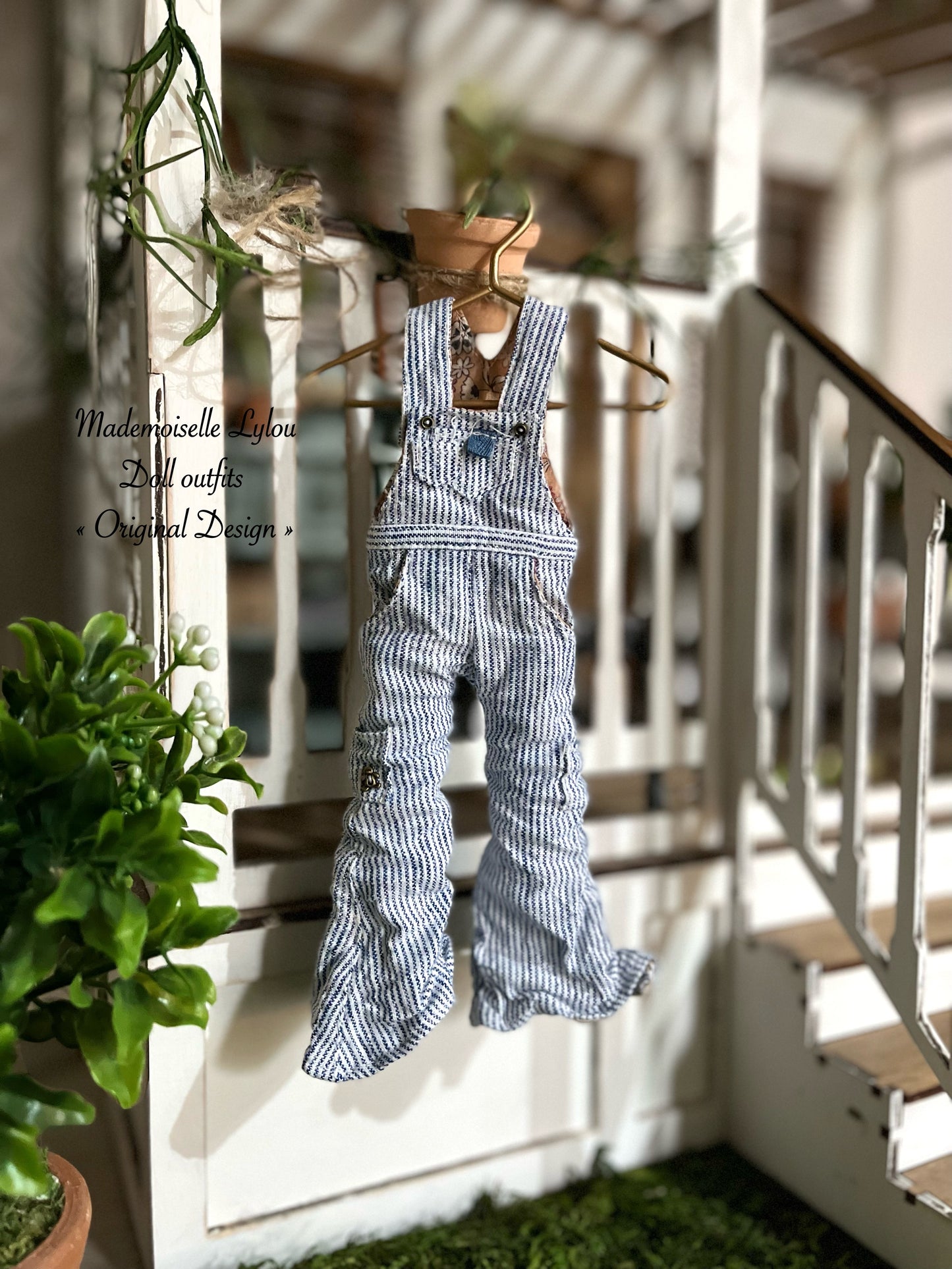 Blythe Doll Clothes - Striped Linen Overalls and Blouse of Your Choice