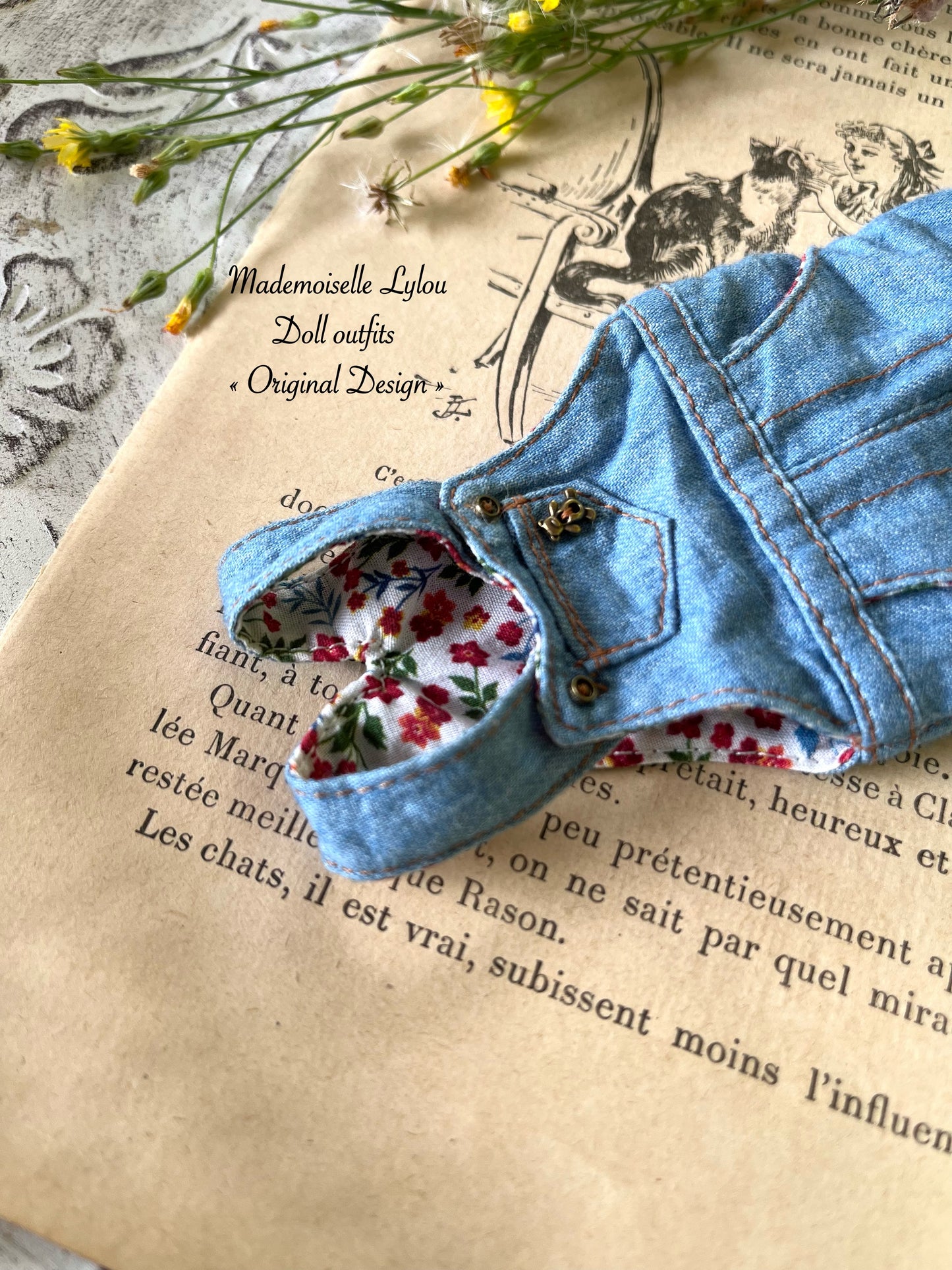 Washed denim overalls for Blythe dolls