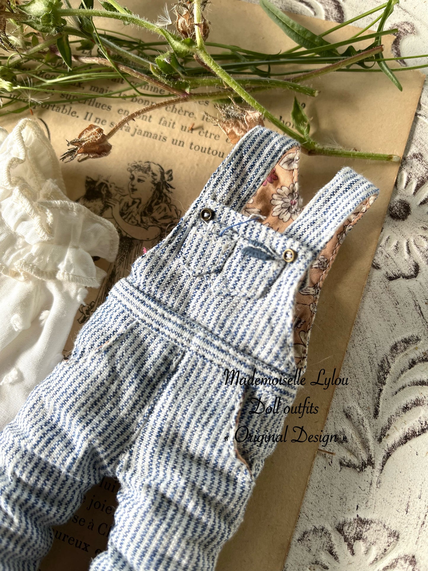 Blythe Doll Clothes - Striped Linen Overalls and Blouse of Your Choice