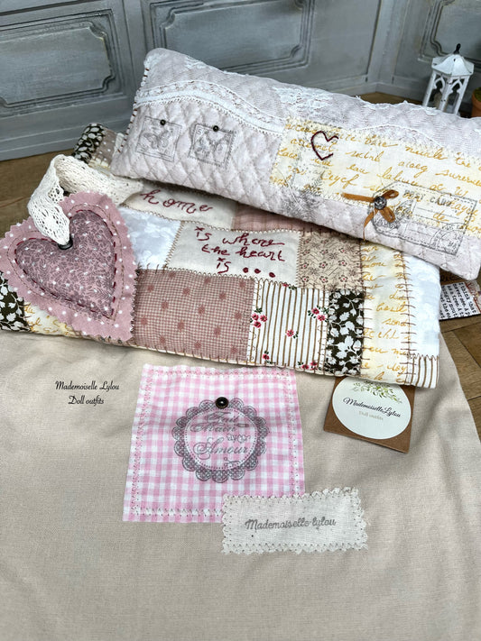 Patchwork Bed Set for Collectible Dolls - Handmade